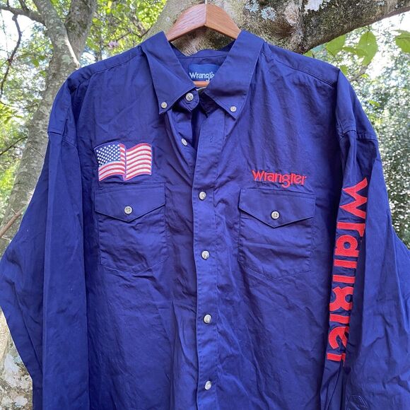 Vintage Wrangler Button Up Western Shirt USA Flag Mens Size XXL 2XL Cotton - Picture 2 of 7